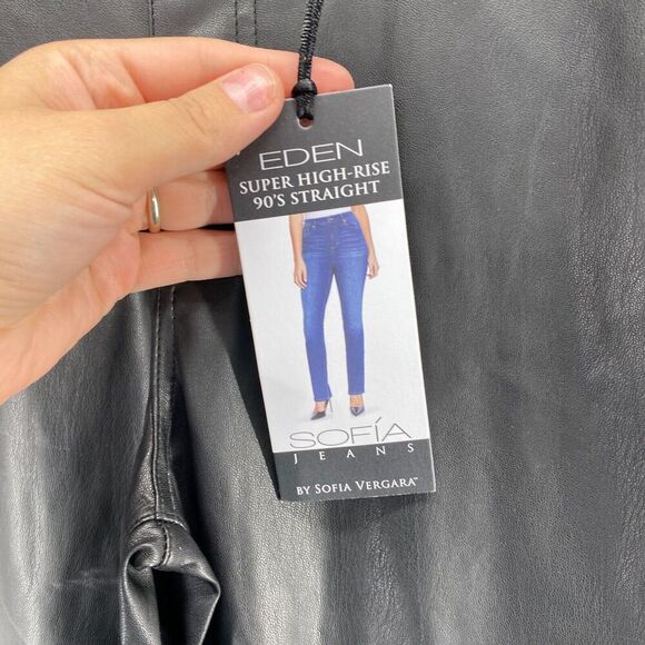 New Eden Pants Women 2 Black Super High Rise 90's Straight Sofia Faux Leather - Picture 5 of 13